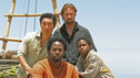 102844_374 -- LOST - "Exodus," Part 2" - The castaways on the raft are surprised at sea by something they didn't expect. Meanwhile, remaining islanders try to blow open the hatch, and a visitor to the encampment might be a threat to Claire's infant son, on the Season Finale of "Lost," WEDNESDAY, MAY 25 (8:00-10:00 p.m., ET), on the ABC Television Network. (ABC/MARIO PEREZ) DANIEL DAE KIM, HAROLD PERRINEAU, JOSH HOLLOWAY, MALCOLM DAVID KELLEY