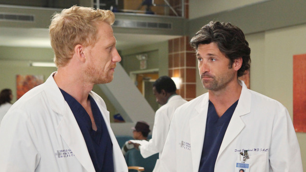 GREY'S ANATOMY - "Free Falling" - In the first hour, "Free Falling" (9:00-10:00 p.m.), the fifth-year residents return for the first day of a year that will make or break their careers: Meredith faces the consequences of tampering with Derek's clinical trial and is terminated at the hospital; April tries to step up to the plate as Chief Resident in the wake of a giant sinkhole in the middle of Seattle; and Cristina and Owen are still at odds over their drastically different feelings for their unborn child. "Grey's Anatomy" returns for its eighth season with a two-hour event THURSDAY, SEPTEMBER 22 (9:00-11:00 p.m., ET) on the ABC Television Network. (ABC/DANNY FELD)KEVIN MCKIDD, PATRICK DEMPSEY