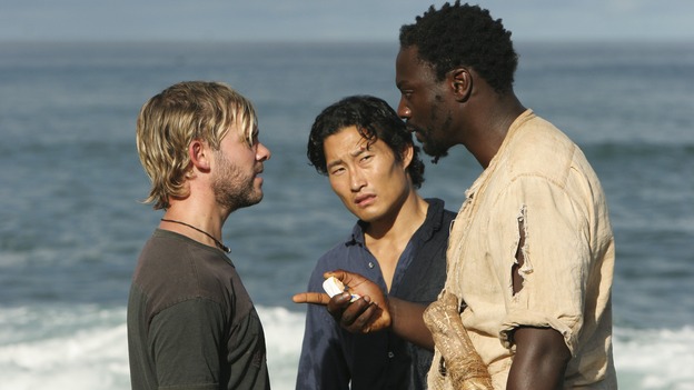LOST - "The 23rd Psalm" - Mr. Eko interrogates Charlie about the Virgin Mary statue, Claire begins to lose faith in Charlie when she discovers his secret, and Jack is an interested observer when Kate gives the recovering Sawyer a much-needed haircut, on "Lost," WEDNESDAY, JANUARY 11 (9:00-10:00 p.m., ET), on the ABC Television Network. (ABC/MARIO PEREZ) DOMINIC MONAGHAN, DANIEL DAE KIM, ADEWALE AKINNUOYE-AGBAJE