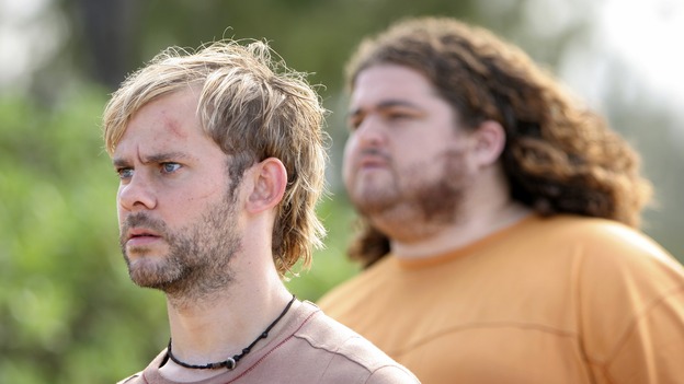 LOST - "Flashes Before Your Eyes" - A suspicious and determined Hurley enlists Charlie to help him wrangle the truth out of Desmond, who has been acting strangely ever since the implosion of the hatch, on "Lost," WEDNESDAY, FEBRUARY 14 (10:00-11:00 p.m., ET), on the ABC Television Network.  (ABC/MARIO PEREZ)DOMINIC MONAGHAN, JORGE GARCIA
