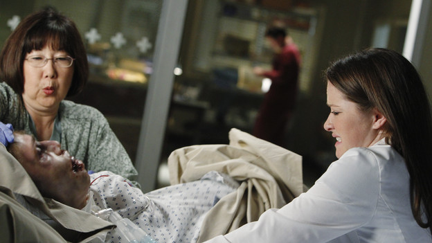 GREY'S ANATOMY - "With You I'm Born Again" -- After an unforgettable and heart-pounding season finale, "Grey's Anatomy" returns for its seventh season on THURSDAY, SEPTEMBER 23 (9:00-10:01 p.m., ET) on the ABC Television Network. In the season premiere, the hospital staff is trying to deal with physical and emotional trauma in the wake of the deadly rampage of a vengeful gunman. As Dr. Perkins (James Tupper), a trauma counselor, is brought in to help in the recovery and to assess each doctor's readiness to return to work, Derek makes a spontaneous decision to resign as Chief and rushes back into surgery, taking everything a little too fast, and Cristina buries herself in her wedding planning. (ABC/PETER "HOPPER" STONE)MATTHEW FAHEY, SARAH DREW