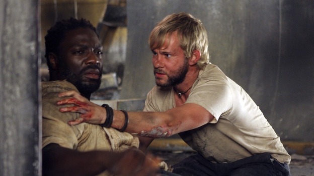LOST -- "Live Together, Die Alone" - After discovering something odd just offshore, Jack and Sayid come up with a plan to confront "The Others" and hopefully get Walt back. Meanwhile, Eko and Locke come to blows as Locke makes a potentially cataclysmic decision regarding the "button" and the hatch, on the season finale of "Lost," WEDNESDAY, MAY 24 (9:00-11:00 p.m., ET), on the ABC Television Network. (ABC/MARIO PEREZ)ADEWALE AKINNUOYE-AGBAJE, DOMINIC MONAGHAN