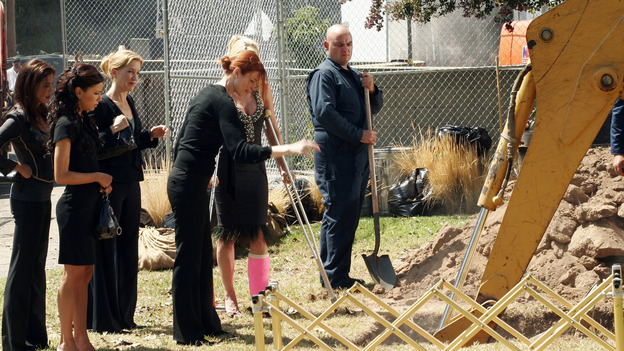 DESPERATE HOUSEWIVES - "They Asked Me Why I Believe in You" -- Susan's longtime book agent and dear friend, Lonny Moon (guest star Wallace Shawn), gets into financial trouble; Lynette is forced to go out to bars night after night with her man-hungry boss, Nina (guest star Joely Fisher); Bree re-buries Rex amid police suspicions, and Gaby hires hotshot lawyer David Bradley (guest star Adrian Pasdar) to defend Carlos, on Desperate Housewives," SUNDAY, OCTOBER 23 (9:00-10:01 p.m., ET) on the ABC Television Network. (ABC/RON TOM)TERI HATCHER, EVA LONGORIA, FELICITY HUFFMAN, MARCIA CROSS, NICOLLETTE SHERIDAN