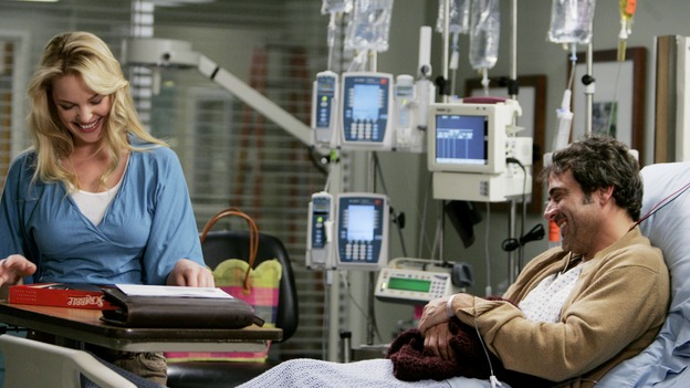 GREY'S ANATOMY - "Name of the Game" - George begins to overstay his welcome at Burke's apartment; Meredith learns a secret about her father; Bailey worries her colleagues will not treat her the same now that she's a mother; and Alex gets a lesson in bedside manners, on "Grey's Anatomy," SUNDAY, APRIL 2 (10:00-11:00 p.m., ET) on the ABC Television Network. (ABC/PETER "HOPPER" STONE)KATHERINE HEIGL, JEFFREY DEAN MORGAN