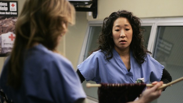 GREY'S ANATOMY - "Name of the Game" - George begins to overstay his welcome at Burke's apartment; Meredith learns a secret about her father; Bailey worries her colleagues will not treat her the same now that she's a mother; and Alex gets a lesson in bedside manners, on "Grey's Anatomy," SUNDAY, APRIL 2 (10:00-11:00 p.m., ET) on the ABC Television Network. (ABC/PETER "HOPPER" STONE)ELLEN POMPEO, SANDRA OH