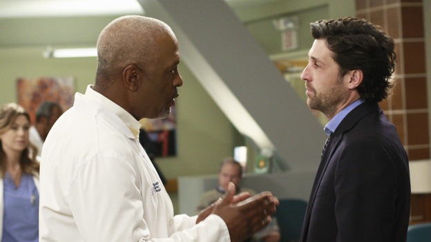 GREY'S ANATOMY - "I Will Follow You into the Dark" - The Chief and Meredith try to convince a depressed Derek to come back to work, on "Grey's Anatomy," THURSDAY, MARCH 12 (9:00-10:02 p.m., ET) on the ABC Television Network. (ABC/RON TOM) ELLEN POMPEO, JAMES PICKENS JR., PATRICK DEMPSEY