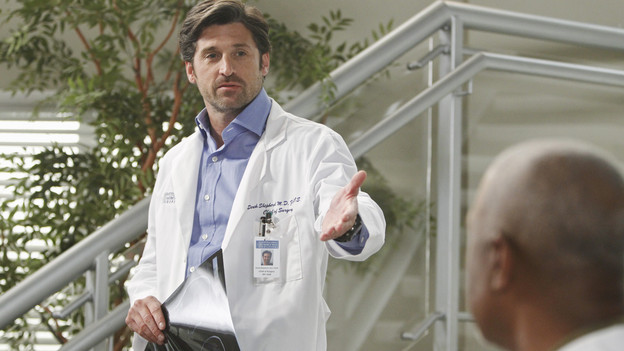GREY'S ANATOMY - "With You I'm Born Again" -- After an unforgettable and heart-pounding season finale, "Grey's Anatomy" returns for its seventh season on THURSDAY, SEPTEMBER 23 (9:00-10:01 p.m., ET) on the ABC Television Network. In the season premiere, the hospital staff is trying to deal with physical and emotional trauma in the wake of the deadly rampage of a vengeful gunman. As Dr. Perkins (James Tupper), a trauma counselor, is brought in to help in the recovery and to assess each doctor's readiness to return to work, Derek makes a spontaneous decision to resign as Chief and rushes back into surgery, taking everything a little too fast, and Cristina buries herself in her wedding planning. (ABC/PETER "HOPPER" STONE)PATRICK DEMPSEY, JAMES PICKENS JR.