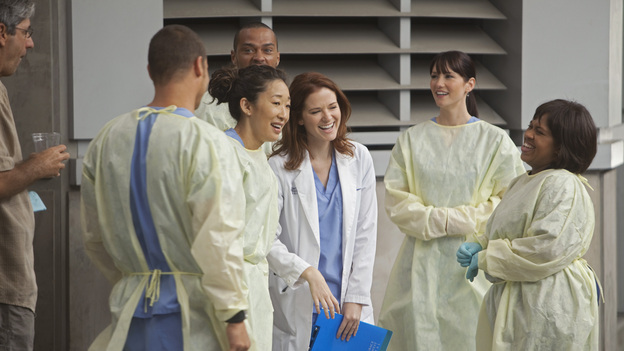 GREY'S ANATOMY - "Free Falling" - In the first hour, "Free Falling" (9:00-10:00 p.m.), the fifth-year residents return for the first day of a year that will make or break their careers: Meredith faces the consequences of tampering with Derek's clinical trial and is terminated at the hospital; April tries to step up to the plate as Chief Resident in the wake of a giant sinkhole in the middle of Seattle; and Cristina and Owen are still at odds over their drastically different feelings for their unborn child. "Grey's Anatomy" returns for its eighth season with a two-hour event THURSDAY, SEPTEMBER 22 (9:00-11:00 p.m., ET) on the ABC Television Network. (ABC/RANDY HOLMES)ROB CORN (DIRECTOR), JUSTIN CHAMBERS, JESSE WILLIAMS, SANDRA OH, SARAH DREW, CHYLER LEIGH, CHANDRA WILSON