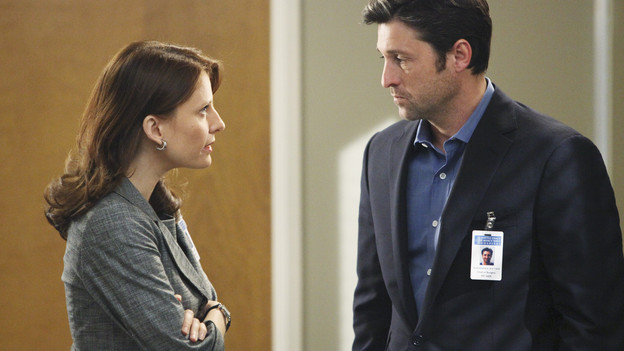 GREY'S ANATOMY - "How Insensitive" - Bailey preps the team with a mandatory sensitivity training prior to admitting a 700-pound patient with compounded medical issues, and the case proves to be challenging in every sense of the word. Meanwhile Derek has to come face to face with a former patient's husband in a wrongful death deposition, and spending time with a heart patient's daughter opens up some old wounds for Cristina, on "Grey's Anatomy," THURSDAY, MAY 6 (9:00-10:01 p.m., ET) on the ABC Television Network. (ABC/ADAM LARKEY) MIA BARRON, PATRICK DEMPSEY