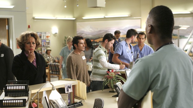 GREY'S ANATOMY - "Love/Addiction" - The residents and interns treat the victims of a massive explosion at an apartment building, while Alex investigates the cause of the accident, Mama Burke returns to collect her son's things just as Cristina trades her wedding presents in exchange for surgeries, Lexie tries to have a heart-to-heart with an unwilling Meredith, and while Callie is overwhelmed with her duties as Chief Resident, Bailey searches for an outlet for her pent-up leadership skills, on "Grey's Anatomy," THURSDAY, OCTOBER 4 (9:00-10:01 p.m., ET) on the ABC Television Network. (ABC/MICHAEL DESMOND)DIAHANN CARROLL, MOE IRVIN