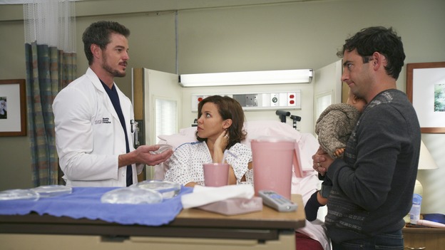 GREY'S ANATOMY - "Oh, The Guilt" - Bailey treats a young mother battling breast cancer, Derek learns more about Mark and Addison's relationship, the interns defend a resident's competence at a hospital staff meeting, and Meredith and Addison examine a couple who find themselves in a rather awkward position, on "Grey's Anatomy," THURSDAY, OCTOBER 19 (9:00-10:01 p.m., ET) on the ABC Television Network. (ABC/KAREN NEAL)ERIC DANE, JUSTINA MACHADO, CHRIS CONNER