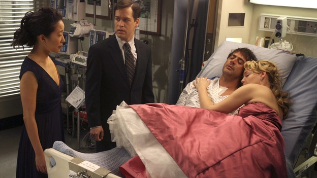 GREY'S ANATOMY - In the first hour of part two of the season finale of ABC's "Grey's Anatomy" -- "Deterioration of the Fight or Flight Response" -- Izzie and George attend to Denny as the pressure increases to find him a new heart, Cristina suddenly finds herself in charge of an ER, and Derek grapples with the realization that the life of a friend is in his hands. In the second hour, "Losing My Religion," Richard goes into interrogation mode about a patient's condition, Callie confronts George about his feelings for her, and Meredith and Derek meet about Doc. Part two of the season finale of "Grey's Anatomy" airs MONDAY, MAY 15 (9:00-11:00 p.m., ET) on the ABC Television Network. (ABC/SCOTT GARFIELD)SANDRA OH, T.R. KNIGHT, JEFFREY DEAN MORGAN, KATHERINE HEIGL