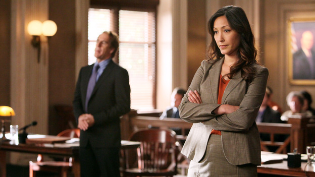 DESPERATE HOUSEWIVES - "The People Will Hear" - In the penultimate episode leading into the two-hour finale of this landmark series, as her trial nears, Bree begins to fall for her attorney, Trip (Scott Bakula); Susan becomes concerned when Julie doubts Porter's commitment to be a hands-on father to their unborn baby; as Tom gets closer to being transferred to India for his job - thanks to Lynette - she begins to have second thoughts and tries to convince his boss to rescind the move; and the ladies are shocked about Gaby's nonchalant attitude as Bree continues to stand trial and take the fall for Carlos in the murder of Alejandro, on "Desperate Housewives," SUNDAY, MAY 6 (9:01-10:01 p.m., ET) on the ABC Television Network. (ABC/DANNY FELD)SCOTT BAKULA, CHRISTINA CHANG