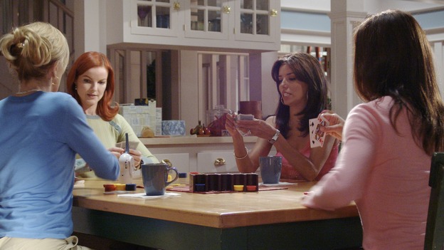 DESPERATE HOUSEWIVES - "Running to Stand Still" -- Lynette locks horns with an officious mom (guest star Sharon Lawrence) at the twins&Otilde; school who is trying to produce a &Ograve;politically correct&Oacute; play about Little Red Riding Hood. Meanwhile, Susan continues to investigate the mystery of Zach&Otilde;s sudden disappearance, Mama Solis (guest star Lupe Ontiveros) comes closer to discovering Gabrielle&Otilde;s dirty little secret, and Bree comes undone when Rex suggests they hire a sex surrogate, on &Ograve;Desperate Housewives,&Oacute; SUNDAY, NOVEMBER 7 (9:00-10:00 p.m., ET) on the ABC Television Network. (ABC/DANNY FELD) FELICITY HUFFMAN, MARCIA CROSS, EVA LONGORIA, TERI HATCHER