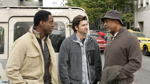 GREY'S ANATOMY - "Where the Boys Are" - The men of Seattle Grace go on a camping trip together, Addison and Callie must team up to work on a patient, Meredith assists Sloan with a procedure unlike any she has experienced, and, suspicious of her recent actions at the hospital, Bailey confronts Cristina, on "Grey's Anatomy," THURSDAY, NOVEMBER 9 (9:00-10:01 p.m., ET) on the ABC Television Network. (ABC/CRAIG SJODIN)ISAIAH WASHINGTON, PATRICK DEMPSEY, JAMES PICKENS, JR.