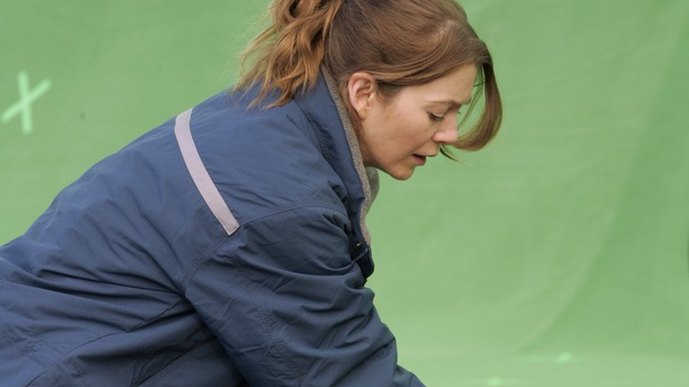GREY'S ANATOMY - "Walk on Water" - Ellen Pompeo puts producer/technical advisor Linda Klein's coaching to practice while shooting "Grey's Anatomy" on location at the Santa Anita Park in Arcadia, California. (ABC/VIVIAN ZINK)