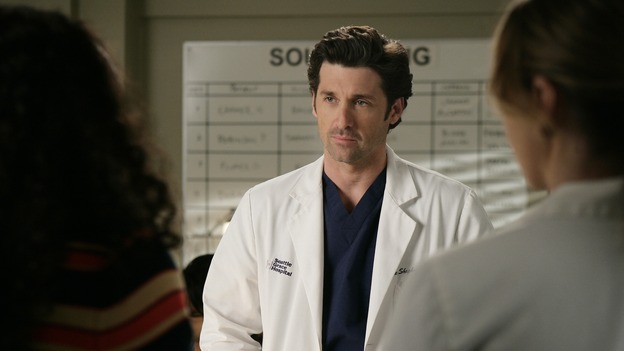 GREY'S ANATOMY - "Losing My Mind" - Dr. Wyatt refuses to let Meredith give up on therapy, Alex learns the truth about Rebecca's medical condition, the Chief insists that Erica perform a risky surgery on his mentor, and after receiving news of Burke, Cristina continues to do things contrary to her nature, going so far as cleaning her always-messy apartment, on "Grey's Anatomy," THURSDAY, MAY 15 (9:00-10:02 p.m., ET) on the ABC Television Network. (ABC/MITCH HADDAD)APRIL GRACE, PATRICK DEMPSEY, ELLEN POMPEO