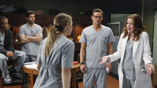 GREY'S ANATOMY - "If/Then" - As Meredith puts Zola to bed and falls asleep, she begins to wonder -- what if her mother had never had Alzheimer's and she'd had loving, supportive parents? The reverberations of a happy Meredith Grey change the world of Seattle Grace as we know it. What if she had never met Derek in that bar and he had never separated from Addison? What if Callie and Owen had become a couple long before she met Arizona? And what if Bailey never evolved from the meek intern she once was? "Grey's Anatomy" airs THURSDAY, FEBRUARY 2 (9:00-10:02 p.m., ET) on the ABC Television Network. (ABC/VIVIAN ZINK)JESSE WILLIAMS, ROBERT BAKER, ELLEN POMPEO, JUSTIN CHAMBERS, SARAH DREW