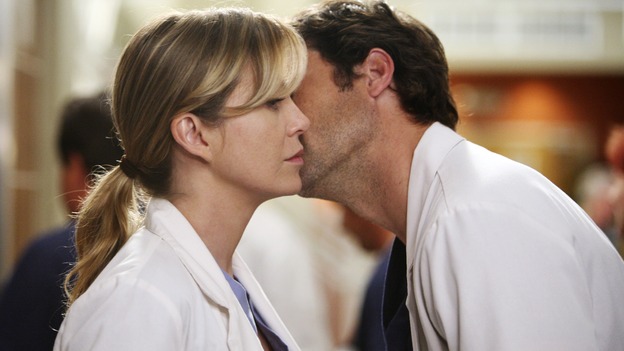 GREY'S ANATOMY - "Here Comes the Flood" - Derek gives Meredith a kiss on the cheek after telling her he plans to kick Alex and Izzie out of the house, on "Grey's Anatomy," THURSDAY, OCTOBER 9 (9:00-10:01 p.m., ET) on the ABC Television Network. (ABC/DANNY FELD) ELLEN POMPEO, PATRICK DEMPSEY