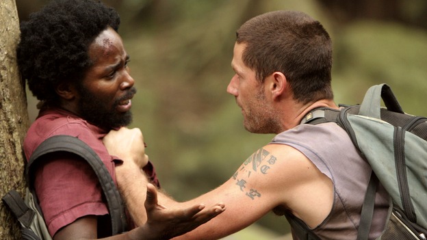 LOST -- "Live Together, Die Alone" - After discovering something odd just offshore, Jack and Sayid come up with a plan to confront "The Others" and hopefully get Walt back. Meanwhile, Eko and Locke come to blows as Locke makes a potentially cataclysmic decision regarding the "button" and the hatch, on the season finale of "Lost," WEDNESDAY, MAY 24 (9:00-11:00 p.m., ET), on the ABC Television Network. (ABC/MARIO PEREZ)HAROLD PERRINEAU, MATTHEW FOX