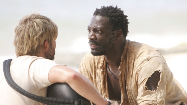 LOST -- "Live Together, Die Alone" - After discovering something odd just offshore, Jack and Sayid come up with a plan to confront "The Others" and hopefully get Walt back. Meanwhile, Eko and Locke come to blows as Locke makes a potentially cataclysmic decision regarding the "button" and the hatch, on the season finale of "Lost," WEDNESDAY, MAY 24 (9:00-11:00 p.m., ET), on the ABC Television Network. (ABC/MARIO PEREZ)DOMINIC MONAGHAN, ADEWALE AKINNUOYE-AGBAJE