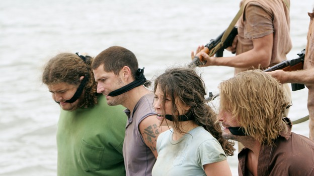 LOST -- "Live Together, Die Alone" - After discovering something odd just offshore, Jack and Sayid come up with a plan to confront "The Others" and hopefully get Walt back. Meanwhile, Eko and Locke come to blows as Locke makes a potentially cataclysmic decision regarding the "button" and the hatch, on the season finale of "Lost," WEDNESDAY, MAY 24 (9:00-11:00 p.m., ET), on the ABC Television Network. (ABC/MARIO PEREZ)JORGE GARCIA, MATTHEW FOX, EVANGELINE LILY, JOSH HOLLOWAY
