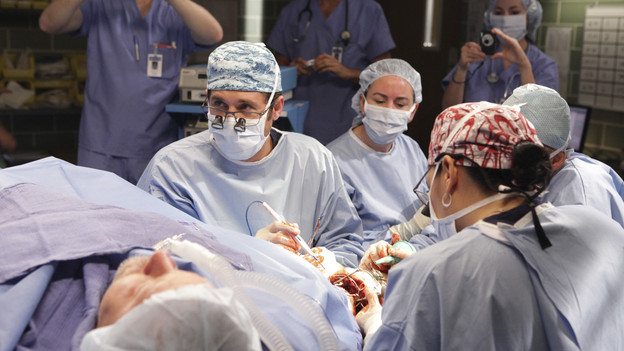 GREY'S ANATOMY - "These Arms of Mine" - A documentary film crew visits the hospital six months after the shooting to document the road to recovery for doctors and patients. The camera lenses follow Derek, Owen, Mark & Callie as they ambitiously perform a rare arm transplant surgery, Meredith helps Cristina put on a brave face for the cameras, and Bailey's patient, Mary, returns for her surgery -- which marks the first time they've all seen of each other since that fateful day -- on "Grey's Anatomy," THURSDAY, OCTOBER 28 (9:00-10:01 p.m., ET) on the ABC Television Network. (ABC/ADAM TAYLOR)PATRICK DEMPSEY, SARA RAMIREZ