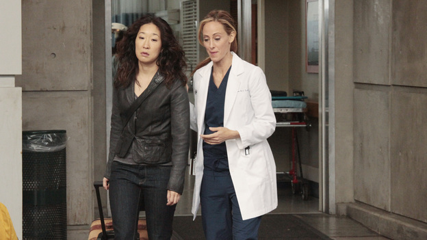 GREY'S ANATOMY - "Moment of Truth" - After eight years of practice, the residents head to San Francisco for their oral boards; sparks fly between Catherine and Richard when they bump into each other at the hotel; Bailey intervenes after Owen and Teddy get into a heated argument about their young car crash patient; and Mark tries to recruit Lexie for one of his cases. Meanwhile, Alex feels guilty for being away from the hospital when Tommy's health begins to fail, on Grey's Anatomy, THURSDAY, APRIL 26 (9:00-10:01 p.m., ET) on the ABC Television Network. (ABC/RICHARD CARTWRIGHT)SANDRA OH, KIM RAVER