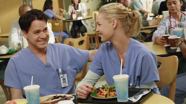 GREY'S ANATOMY - "Haunt You Every Day" - It's Halloween, and the day is full of surprises for the doctors of Seattle Grace - Alex receives an unexpected and welcome visit from his former patient, Ava/Rebecca, Meredith is convinced that her mother's ashes are haunting her, Cristina is snubbed by a surgeon she admires, and Callie announces George and Izzie's affair to their fellow doctors, on "Grey's Anatomy," THURSDAY, OCTOBER 25 (9:00-10:02 p.m., ET) on the ABC Television Network. (ABC/RON TOM)T.R. KNIGHT, KATHERINE HEIGL