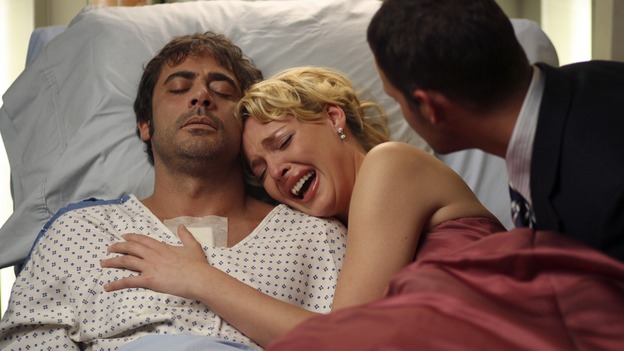 GREY'S ANATOMY - In the first hour of part two of the season finale of ABC's "Grey's Anatomy" -- "Deterioration of the Fight or Flight Response" -- Izzie and George attend to Denny as the pressure increases to find him a new heart, Cristina suddenly finds herself in charge of an ER, and Derek grapples with the realization that the life of a friend is in his hands. In the second hour, "Losing My Religion," Richard goes into interrogation mode about a patient's condition, Callie confronts George about his feelings for her, and Meredith and Derek meet about Doc. Part two of the season finale of "Grey's Anatomy" airs MONDAY, MAY 15 (9:00-11:00 p.m., ET) on the ABC Television Network. (ABC/SCOTT GARFIELD)JEFFERY DEAN MORGAN, KATHERINE HEIGL, JUSTIN CHAMBERS