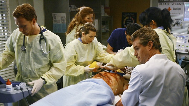 GREY'S ANATOMY - "Now or Never" - Drs. Owen Hunt, Meredith Grey, Derek Shepherd, Mark&nbsp;Sloan and Callie Torres work on patient "John Doe," on "Grey's Anatomy," THURSDAY, MAY 14 (9:00-11:00 p.m., ET) on the ABC Television Network. KEVIN MCKIDD, ELLEN POMPEO, PATRICK DEMPSEY, ERIC DANE, SARA RAMIREZ