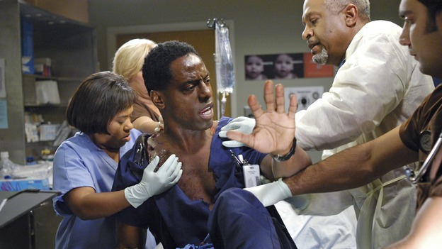 GREY'S ANATOMY - In the first hour of part two of the season finale of ABC's "Grey's Anatomy" -- "Deterioration of the Fight or Flight Response" -- Izzie and George attend to Denny as the pressure increases to find him a new heart, Cristina suddenly finds herself in charge of an ER, and Derek grapples with the realization that the life of a friend is in his hands. In the second hour, "Losing My Religion," Richard goes into interrogation mode about a patient's condition, Callie confronts George about his feelings for her, and Meredith and Derek meet about Doc. Part two of the season finale of "Grey's Anatomy" airs MONDAY, MAY 15 (9:00-11:00 p.m., ET) on the ABC Television Network. (ABC/GALE ADLER)CHANDRA WILSON, ISAIAH WASHINGTON, JAMES PICKENS, JR.