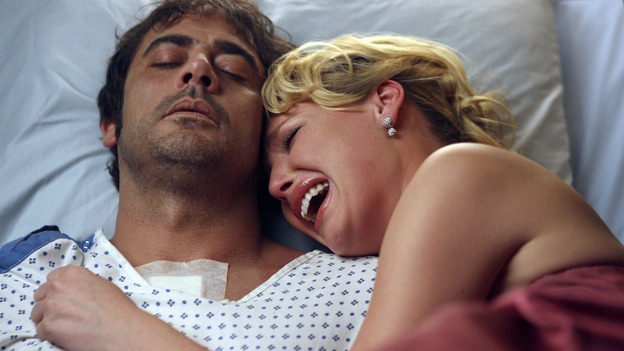 GREY'S ANATOMY - In the first hour of part two of the season finale of ABC's "Grey's Anatomy" -- "Deterioration of the Fight or Flight Response" -- Izzie and George attend to Denny as the pressure increases to find him a new heart, Cristina suddenly finds herself in charge of an ER, and Derek grapples with the realization that the life of a friend is in his hands. In the second hour, "Losing My Religion," Richard goes into interrogation mode about a patient's condition, Callie confronts George about his feelings for her, and Meredith and Derek meet about Doc. Part two of the season finale of "Grey's Anatomy" airs MONDAY, MAY 15 (9:00-11:00 p.m., ET) on the ABC Television Network. (ABC/SCOTT GARFIELD)JEFFERY DEAN MORGAN, KATHERINE HEIGL