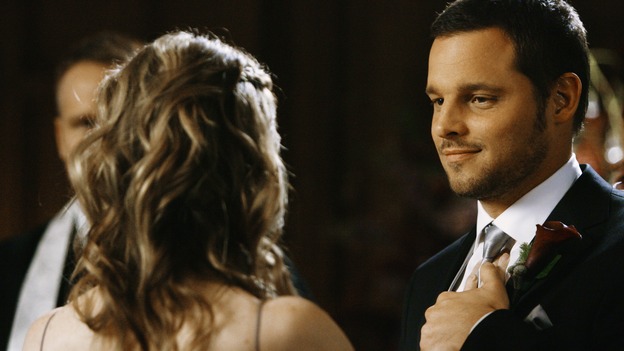GREY'S ANATOMY - "What a Difference a Day Makes" - Meredith takes a moment to straighten Alex's tie for his wedding to Izzie, on "Grey's Anatomy," THURSDAY, MAY 7 (9:00-10:02 p.m., ET) on the ABC Television Network. ELLEN POMPEO, JUSTIN CHAMBERS