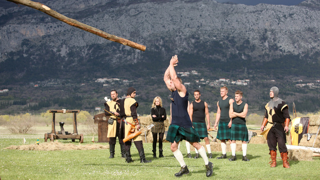 THE BACHELORETTE - "Episode 806" - Six men meet Emily in old town Dubrovnik, where she takes them to a breathtaking historic theater. There they are treated to a VIP sneak peek of Disney¥Pixar's highly anticipated new film "Brave" (in theaters June 22). The men had better be paying attention because afterwards, mimicking the movie, they will be asked to dress in kilts and compete in their own Highland Games. The bachelors fire arrows, throw logs and test each other's strength. Although one bachelor dominates the competition, another wins over Emily with his persistence in the face of defeat. The after party finds one handsome man taking Emily on an intimate walk and talk in the streets of Dubrovnik, while another brave suitor offers the Bachelorette his heart, on "The Bachelorette," MONDAY, JUNE 18 (8:00-10:02 p.m., ET), on the ABC Television Network. (ABC/NICK RAY)EMILY MAYNARD, DOUG, JOHN, SEAN, JEF