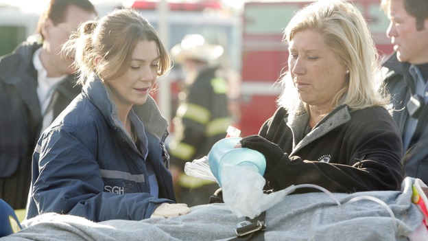 GREY'S ANATOMY - "Walk on Water" - Producer/technical advisor Linda Klein (right ) coaches Ellen Pompeo (left) while shooting "Grey's Anatomy" on location at the Santa Anita Park in Arcadia, California. (ABC/VIVIAN ZINK)