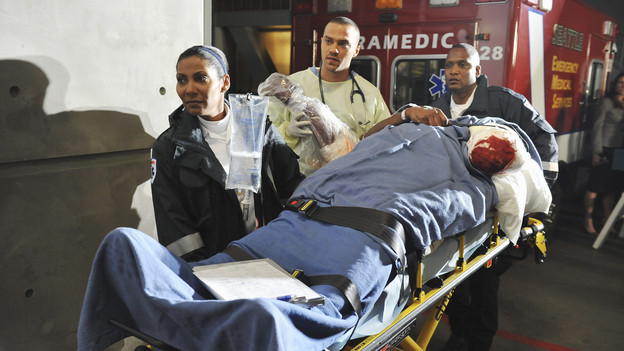GREY'S ANATOMY - "Valentine's Day Massacre" -- It's Valentine's Day, and the doctors must treat dozens of injured people after the roof collapses at a popular romantic restaurant; Derek tries to manage his busy schedule as Chief of Surgery; Meredith wrestles with her new duties as the Chief's wife; and Mark and Callie team up to convince Sloan to do the right thing for her baby, on "Grey's Anatomy," THURSDAY, FEBRUARY 11 (9:00-10:01 p.m., ET) on the ABC Television Network. (ABC/ERIC MCCANDLESS)NICOLE CUMMINS, JESSE WILLIAMS