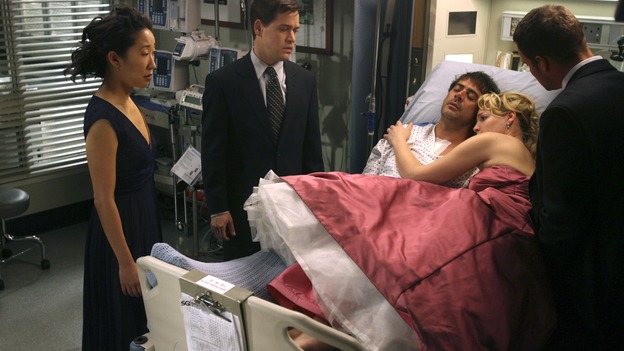 GREY'S ANATOMY - In the first hour of part two of the season finale of ABC's "Grey's Anatomy" -- "Deterioration of the Fight or Flight Response" -- Izzie and George attend to Denny as the pressure increases to find him a new heart, Cristina suddenly finds herself in charge of an ER, and Derek grapples with the realization that the life of a friend is in his hands. In the second hour, "Losing My Religion," Richard goes into interrogation mode about a patient's condition, Callie confronts George about his feelings for her, and Meredith and Derek meet about Doc. Part two of the season finale of "Grey's Anatomy" airs MONDAY, MAY 15 (9:00-11:00 p.m., ET) on the ABC Television Network. (ABC/SCOTT GARFIELD)SANDRA OH, T.R. KNIGHT, JEFFREY DEAN MORGAN, KATHERINE HEIGL, JUSTIN CHAMBERS