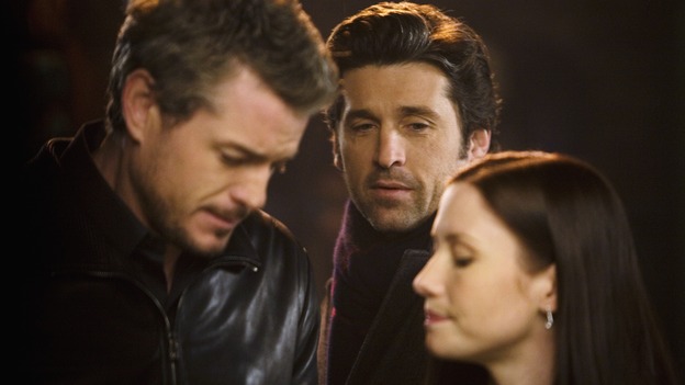 GREY'S ANATOMY - "Beat Your Heart Out" - Derek nearly catches Mark and Lexie flirting. Previously, Derek had forbidden Mark from having a relationship (or whatever passes for one with Mark), with "little Grey," on "Grey's Anatomy," THURSDAY, FEBRUARY 5 (9:00-10:02 p.m., ET) on the ABC Television Network. (ABC/RANDY HOLMES) ERIC DANE, PATRICK DEMPSEY, CHYLER LEIGH