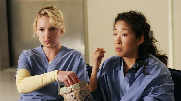 GREY'S ANATOMY - "Damage Case" -- The interns deal with a family involved in a car accident, Derek lets his emotions get the best of him, and Burke and Izzie make a new suggestion to Denny, on "Grey's Anatomy," SUNDAY, MAY 7 (10:00-11:00 p.m., ET) on the ABC Television Network. (ABC/RON TOM)KATHERINE HEIGL, SANDRA OH