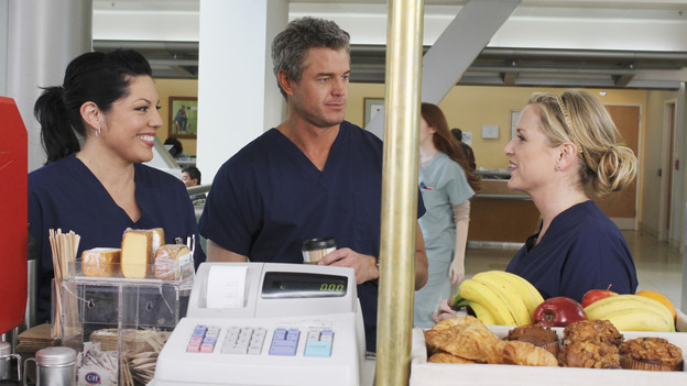 GREY'S ANATOMY - "Sympathy for the Parents" - When Alex's younger brother, Aaron, shows up at Seattle Grace-Mercy West with a hernia, it's up to Alex to get Bailey's approval for his pro bono surgery. Matters are further complicated when Aaron discloses that his family has not heard from Alex since he arrived in Seattle, and parts of Alex's past long kept secret are revealed to his friends and fellow doctors, on "Grey's Anatomy," THURSDAY, APRIL 1 (9:00-10:01 p.m., ET) on the ABC Television Network. (ABC/RON TOM)SARA RAMIREZ, ERIC DANE, JESSICA CAPSHAW
