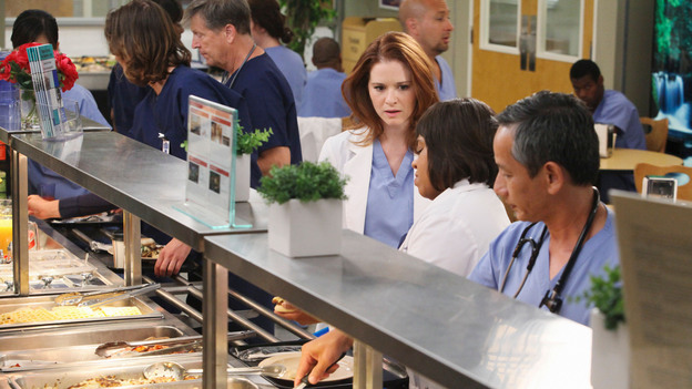 GREY'S ANATOMY - "Free Falling" - In the first hour, "Free Falling" (9:00-10:00 p.m.), the fifth-year residents return for the first day of a year that will make or break their careers: Meredith faces the consequences of tampering with Derek's clinical trial and is terminated at the hospital; April tries to step up to the plate as Chief Resident in the wake of a giant sinkhole in the middle of Seattle; and Cristina and Owen are still at odds over their drastically different feelings for their unborn child. "Grey's Anatomy" returns for its eighth season with a two-hour event THURSDAY, SEPTEMBER 22 (9:00-11:00 p.m., ET) on the ABC Television Network. (ABC/DANNY FELD)SARAH DREW, CHANDRA WILSON