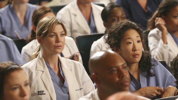 GREY'S ANATOMY - "Here Comes the Flood" - A plumbing leak becomes a deluge and wreaks havoc at Seattle Grace, as the Chief attempts to implement new teaching policies and George tries to retake his residency exam; meanwhile Derek hopes to move the roommates out of Meredith's house, to their surprise, on "Grey's Anatomy," THURSDAY, OCTOBER 9 (9:00-10:01 p.m., ET) on the ABC Television Network. (ABC/DANNY FELD)CHYLER LEIGH, ELLEN POMPEO, SANDRA OH