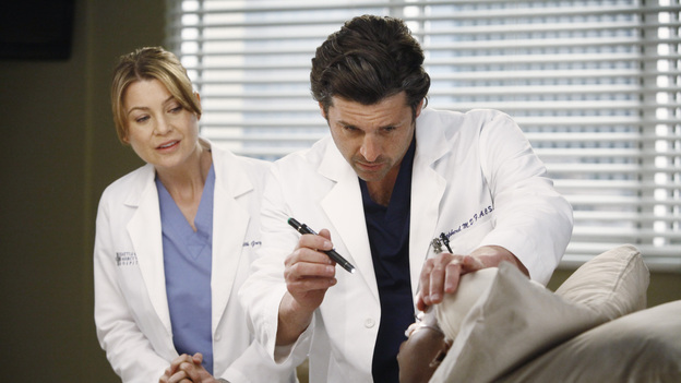 GREY'S ANATOMY - "One Step Too Far" - Derek encourages a hesitant Meredith to work with him again in neurology; Jackson's mother, Catherine Avery, returns to Seattle Grace with a urology fellow and develops an interest in Richard; and Cristina becomes increasingly suspicious of Owen's every move. Meanwhile, Alex tries to deny the fact that Morgan may be falling for him, on "Grey's Anatomy," THURSDAY, MARCH 15 (9:00-10:02 p.m., ET) on the ABC Television Network.  (ABC/VIVIAN ZINK) ELLEN POMPEO, PATRICK DEMPSEY