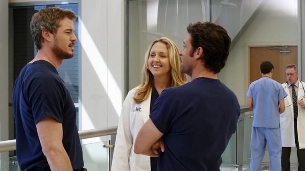 GREY'S ANATOMY - "Kung Fu Fighting" - With his marriage in turmoil, the Chief turns to his fellow male surgeons for a "gentleman's evening," Cristina and Izzie heatedly compete for the same surgeries and the favor of the doctor performing them, Meredith treats the survivor of a skydiving accident, and the doctors treat two injured finalists who are competing in a promotional competition, on "Grey's Anatomy," THURSDAY, NOVEMBER 1 (9:00-10:07 p.m., ET) on the ABC Television Network. (ABC/RON TOM)ERIC DANE, BROOKE SMITH, PATRICK DEMPSEY