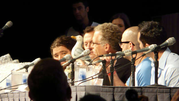 The line for questions must've been about 100 people deep! Damon and Carlton told fans that if one of them said the "word of the day," they'd win a secret prize.  - The word of the day was "Claire."  - Damon and Carlton gave hints about the secret word: blonde, Australian, pregnant.  - The fan who finally said "Claire" won a bird that was supposed to be the gull that Claire caught and tied a message to in "Par Avion."