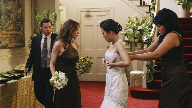 GREY'S ANATOMY - "Didn't We Almost Have It All" - Cristina and Burke's wedding day arrives - along with the interns' first exam results - and a successor to the Chief is named, as Callie and George make a big decision about their relationship, on the Season Finale of "Grey's Anatomy," THURSDAY, MAY 17 (9:00-10:07 p.m., ET) on the ABC Television Network. (ABC/SCOTT GARFIELD)JUSTIN CHAMBERS, ELLEN POMPEO, SANDRA OH, SARA RAMIREZ