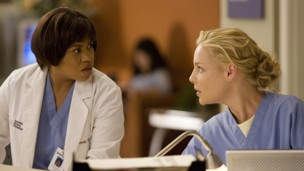 GREY'S ANATOMY - "A Change is Gonna Come" - Having just returned from her honeymoon with Meredith, Cristina searches for Burke, but he's nowhere to be found. Meredith, Cristina, Izzie and Alex spend their first day as residents with their own groups of interns - among the interns are George, repeating his intern year after failing his exams, and Lexie Grey, Meredith's half-sister whom she has never met. Now that Derek's relationship with Meredith has reached an emotional impasse, he looks to his fellow doctors for friendship; Bailey wrestles with her place within the hospital now that her former interns report to new Chief Resident Callie; and Richard resumes his position as Chief of Surgery, on the season premiere of "Grey's Anatomy," THURSDAY, SEPTEMBER 27 (9:00-10:01 p.m., ET) on the ABC Television Network. (ABC/SCOTT GARFIELD)CHANDRA WILSON, KATHERINE HEIGL