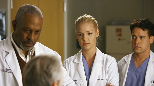 GREY'S ANATOMY - "Haunt You Every Day" - It's Halloween, and the day is full of surprises for the doctors of Seattle Grace - Alex receives an unexpected and welcome visit from his former patient, Ava/Rebecca, Meredith is convinced that her mother's ashes are haunting her, Cristina is snubbed by a surgeon she admires, and Callie announces George and Izzie's affair to their fellow doctors, on "Grey's Anatomy," THURSDAY, OCTOBER 25 (9:00-10:02 p.m., ET) on the ABC Television Network. (ABC/SCOTT GARFIELD)JAMES PICKENS, JR., DAVID CLENNON, KATHERINE HEIGL, T.R. KNIGHT
