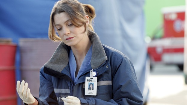 GREY'S ANATOMY - "Walk on Water" - Ellen Pompeo puts producer/technical advisor Linda Klein's coaching to practice while shooting "Grey's Anatomy" on location at the Santa Anita Park in Arcadia, California. (ABC/VIVIAN ZINK)